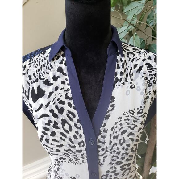 Express Botton Down Shirt Women's Size Small Blue Beige Leopard Chiffon Collared - Picture 10 of 11